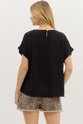 Classic Round Neck Short Roll-Up Sleeve Pullover Top