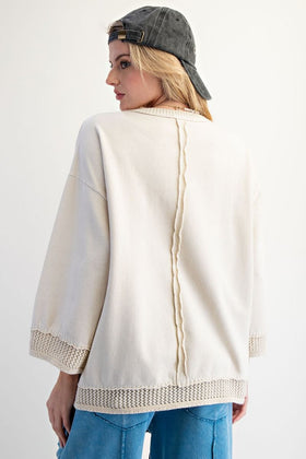 3/4 WIDE SLVS CONTRAST KNITTED CROCHET DETAILING MINERAL WASHED BOXY PULLOVER