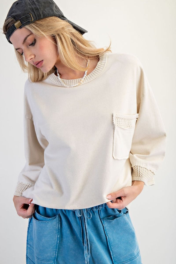 3/4 WIDE SLVS CONTRAST KNITTED CROCHET DETAILING MINERAL WASHED BOXY PULLOVER