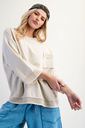 3/4 WIDE SLVS CONTRAST KNITTED CROCHET DETAILING MINERAL WASHED BOXY PULLOVER