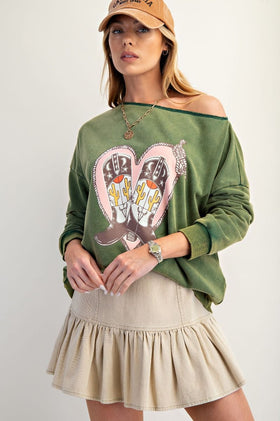 LS HEART BOOTS PRINT WASHED TERRY KNIT PULLOVER