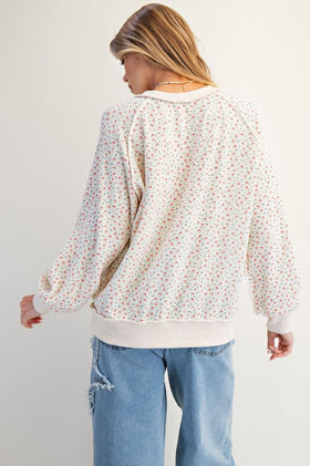 LS DITSY FLOWER PRINT MINERAL WASHED THERMAL KNIT PULLOVER