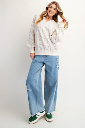 LS DITSY FLOWER PRINT MINERAL WASHED THERMAL KNIT PULLOVER