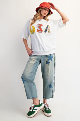 SHORT SLVS USA PATCH FRONT SOFT WASHED TERRY KNIT TOP