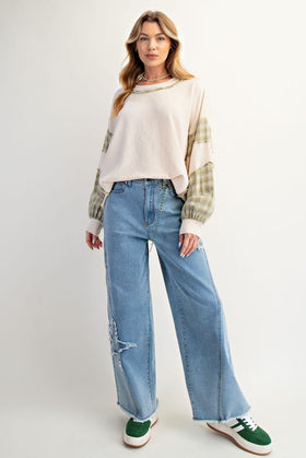 LS PLAID MIX HAT PATCH FRONT MINERAL WASHED THERMAL KNIT TOP