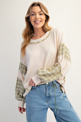 LS PLAID MIX HAT PATCH FRONT MINERAL WASHED THERMAL KNIT TOP