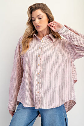 LS MULTI STRIPE CRINKLED WOVEN BOTTON DOWN OVERSIZED SHIRT