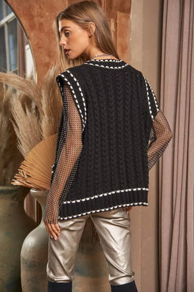 SOLID V NECK SLEEVELESS POCKET TUNIC KNIT SWEATER