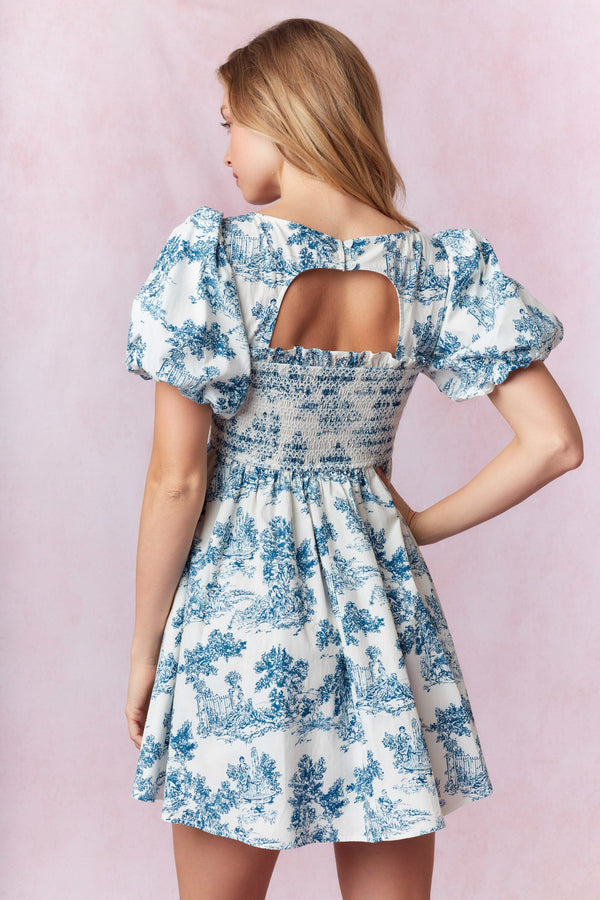 Printed Cotton Poplin Bubble Hem Short Sleeve Mini Dress