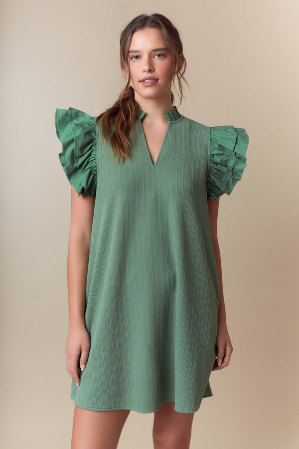 Textured Mini Dress with Shorts Ruffled Sleeve