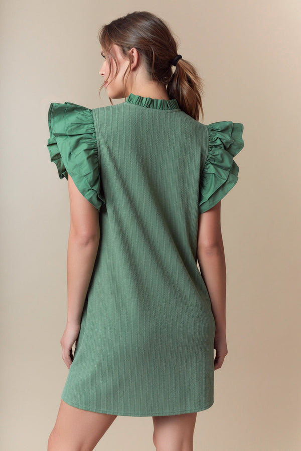 Textured Mini Dress with Shorts Ruffled Sleeve