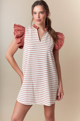 Stripe Mini Dress with Shorts Ruffled Sleeve