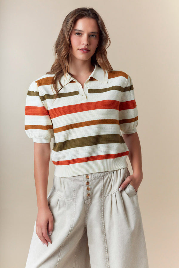 Short Sleeve Multi Stripe Pointelle Sweater with Collared and Front Button