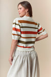 Short Sleeve Multi Stripe Pointelle Sweater with Collared and Front Button