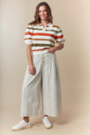 Short Sleeve Multi Stripe Pointelle Sweater with Collared and Front Button
