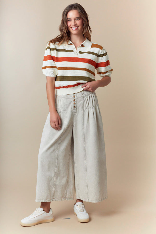 Short Sleeve Multi Stripe Pointelle Sweater with Collared and Front Button
