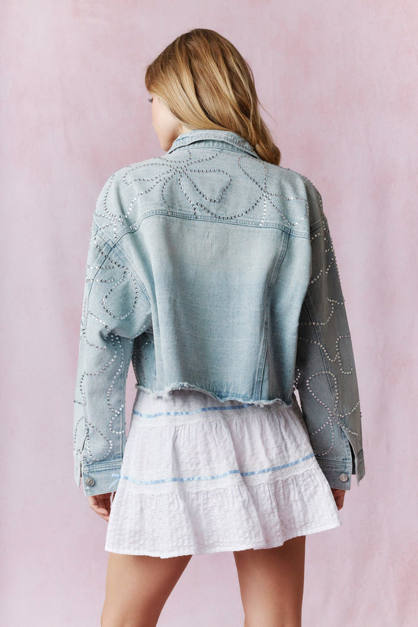 Bow Patterned Rhinestone Denim Jacket