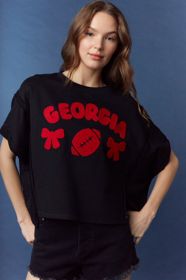 'Georgia' Heavy Crochet Embroidery Detail Oversized Cropped Tee