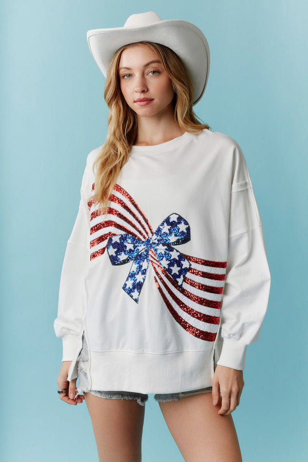 American Flag Bow Sequin Embroidery Detail Sweatshirt