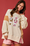 TERRY CORDUROY MIXED MEDIA OVERSIZED SWEATSHIRT W/SEQUINS