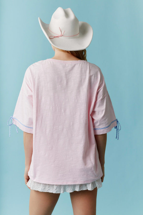 'America' with Bow Gingham Laser Cut Detail T-Shirt