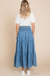 Denim Full Skirt W/Back Smocked Band Waistline and Tiered Layer