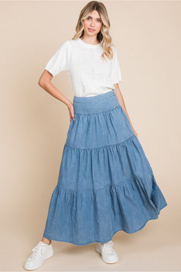 Denim Full Skirt W/Back Smocked Band Waistline and Tiered Layer