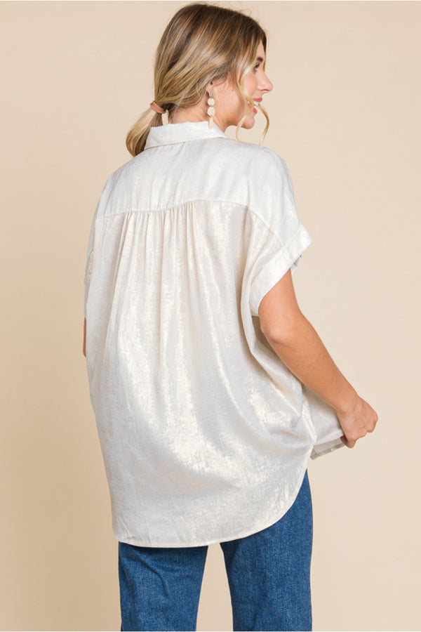Metallic Collared Button Up Top W/Cuffed Short Sleeves
