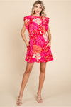 Flower Print Dress W/Frill Mock Neckline Side Pockets
