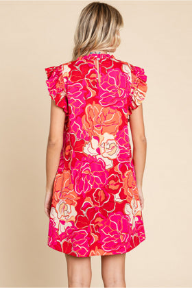 Flower Print Dress W/Frill Mock Neckline Side Pockets