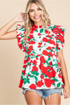 Flower Print Baby Doll Top W/Frilled Neck