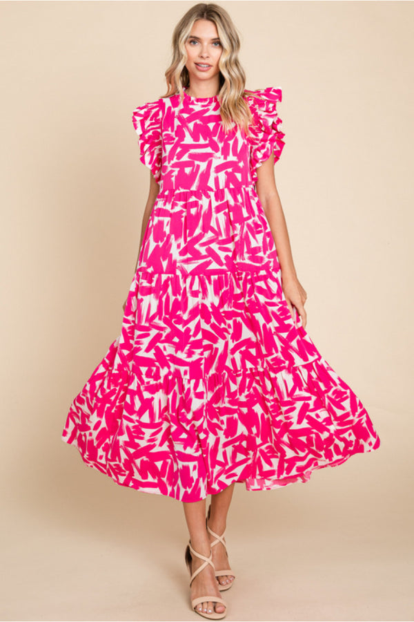 Print Midi Dress W/Frilled Neck, Back Keyhole, Ruffled Shoulder, Tiered Layer