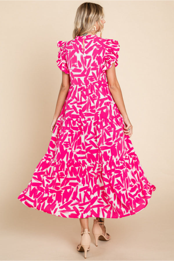 Print Midi Dress W/Frilled Neck, Back Keyhole, Ruffled Shoulder, Tiered Layer