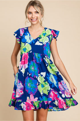 Flower Print Dress W/V-Neck, Ruffled Cap Shoulder
