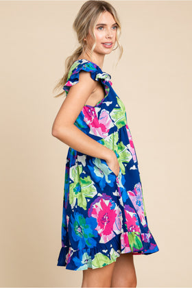 Flower Print Dress W/V-Neck, Ruffled Cap Shoulder