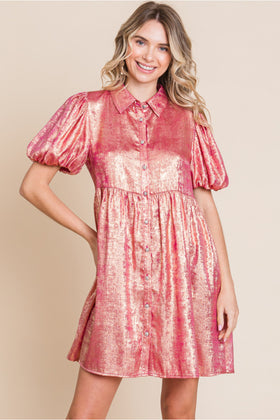 Metallic Baby Doll Dress W/Collared Neck Side Pockets