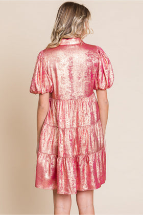 Metallic Baby Doll Dress W/Collared Neck Side Pockets