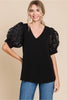 Solid Top W/V-Neck Short Puffed Sleeves Leopard Organza Fabric