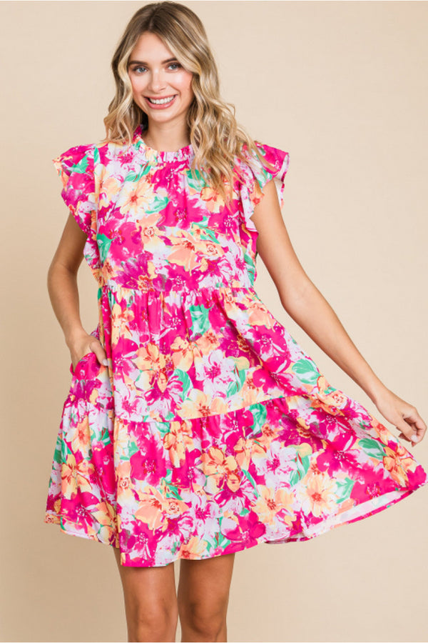 Floral Print Dress W/Frilled Neck, Back Buttoned Closure, Ruffled Shoulder, Side Pockets