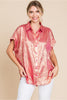 Metallic Collared Button Up Top W/Cuffed Short Sleeves