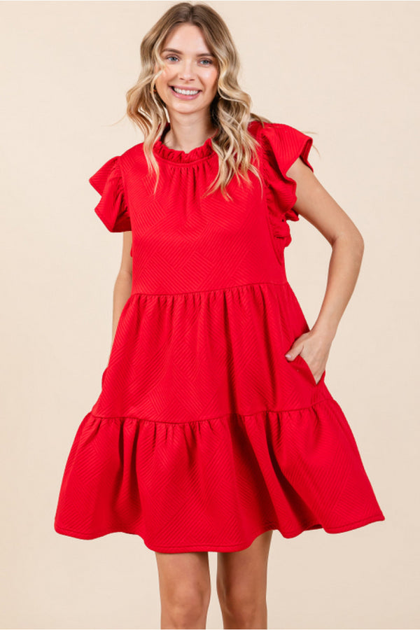 Textured Dress W/Frilled Neck Side Pockets