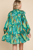Satin Wild Print Dress W/Frilled Neck