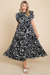 Print Midi Dress W/Frilled Neck, Back Keyhole, Ruffled Shoulder, Tiered Layer