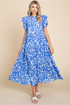 Print Midi Dress W/Frilled Neck, Back Keyhole, Ruffled Shoulder, Tiered Layer