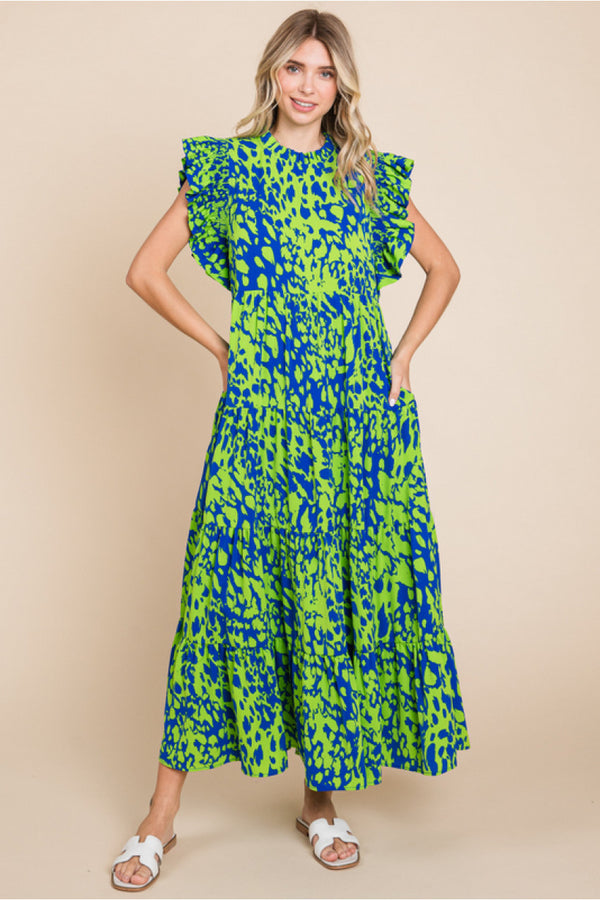 Print Maxi Dress W/Frilled Neck