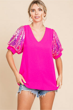 Solid Top W/V-Neck, Short Puffed Sleeves Featuring Sequins