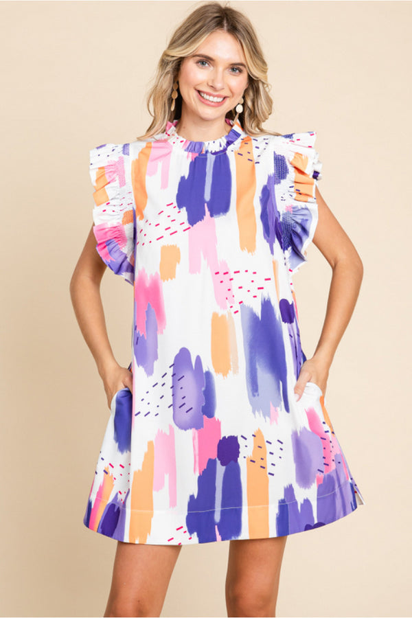 Abstract Print Dress W/Frill Mock Neckline