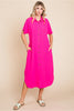 Solid Midi Dress W/Collared Neck, Chest Pocket, Side Pockets