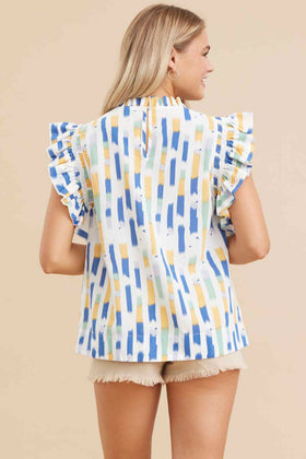 Print Top W/Frilled Neck, Back Buttoned Closure