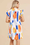 Abstract Print Dress W/Frill Mock Neckline